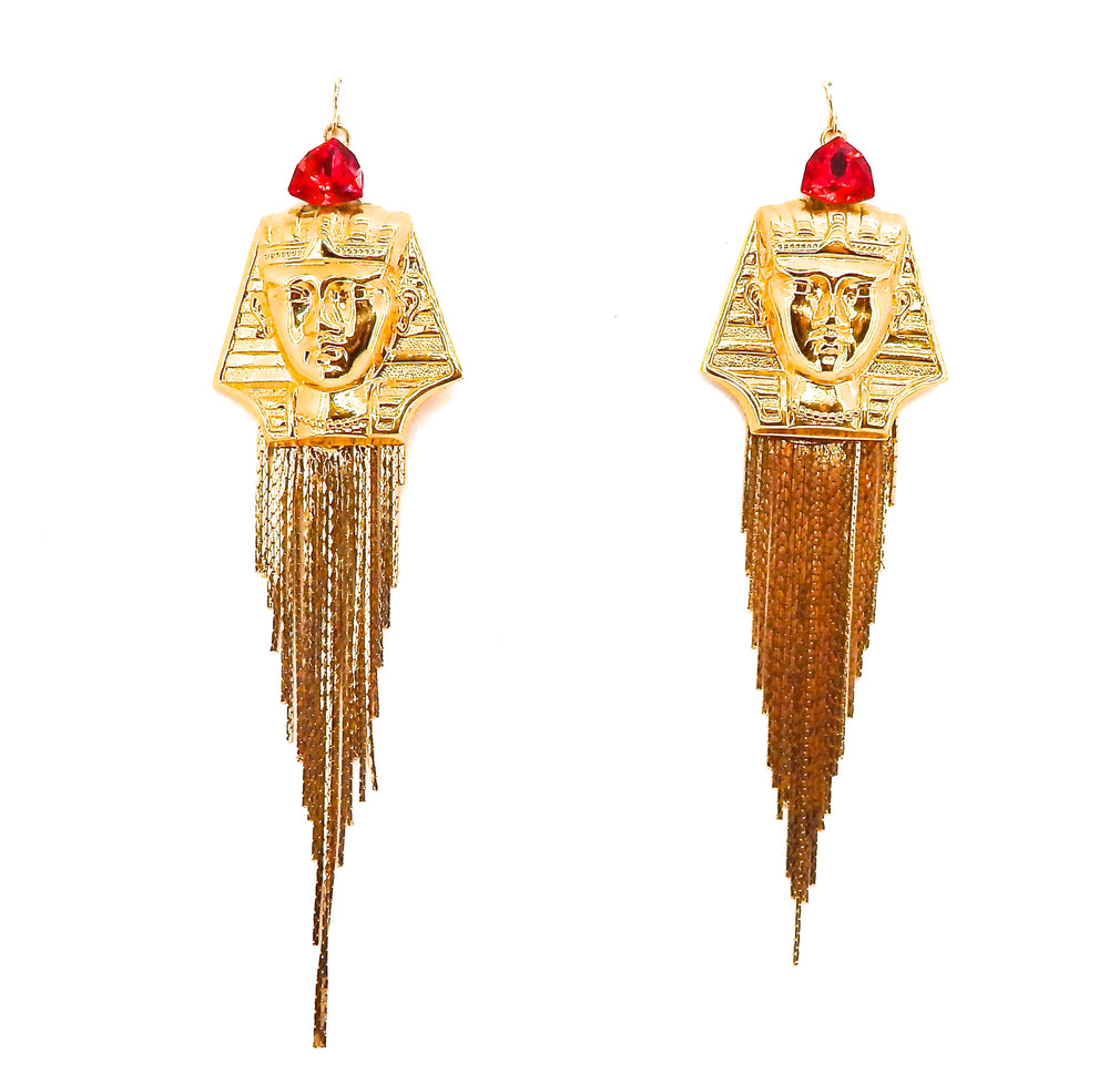 EGYPTIAN GOLD KING TUT SCARLET RHINESTONE FRINGE EARRINGS