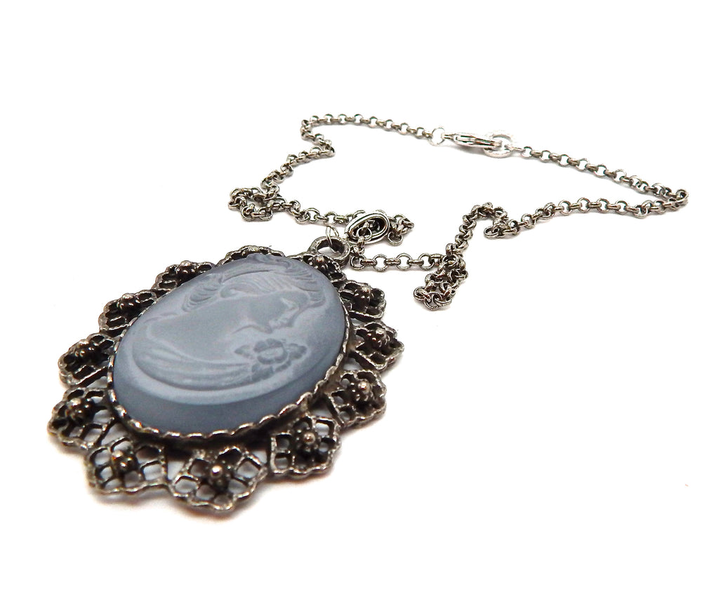 IMPERIAL GLASS BLUE SMOKE LADY CAMEO NECKLACE