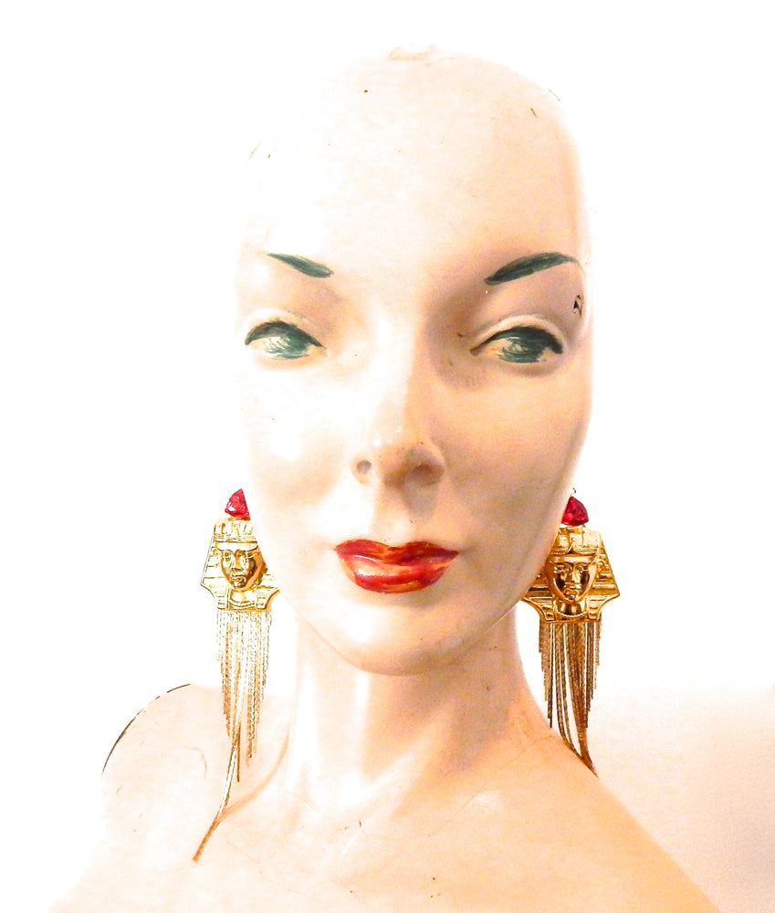 EGYPTIAN GOLD KING TUT SCARLET RHINESTONE FRINGE EARRINGS