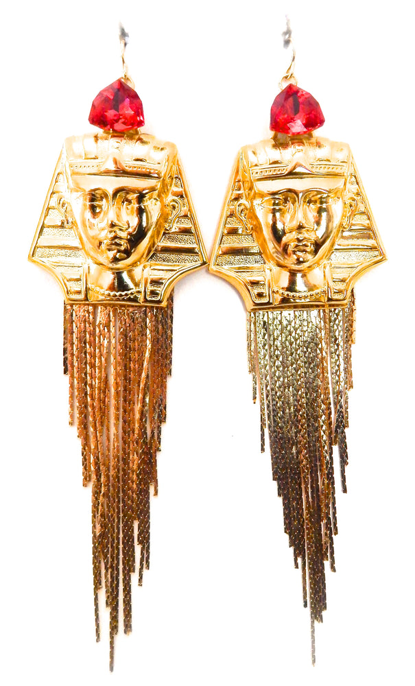 EGYPTIAN GOLD KING TUT SCARLET RHINESTONE FRINGE EARRINGS