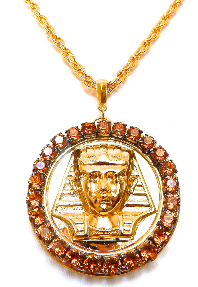 EGYPTIAN GOLD KING TUT HONEY DUST RHINESTONE MEDALLION NECKLACE