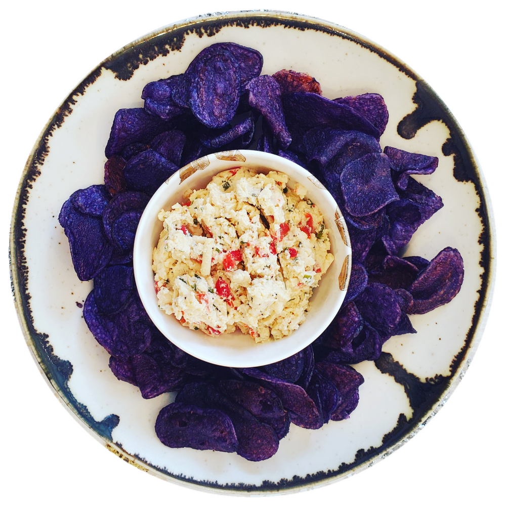 PIMENTO CHEESE DIP+ PURPLE HEIRLOOM KETTLE PAPITAS