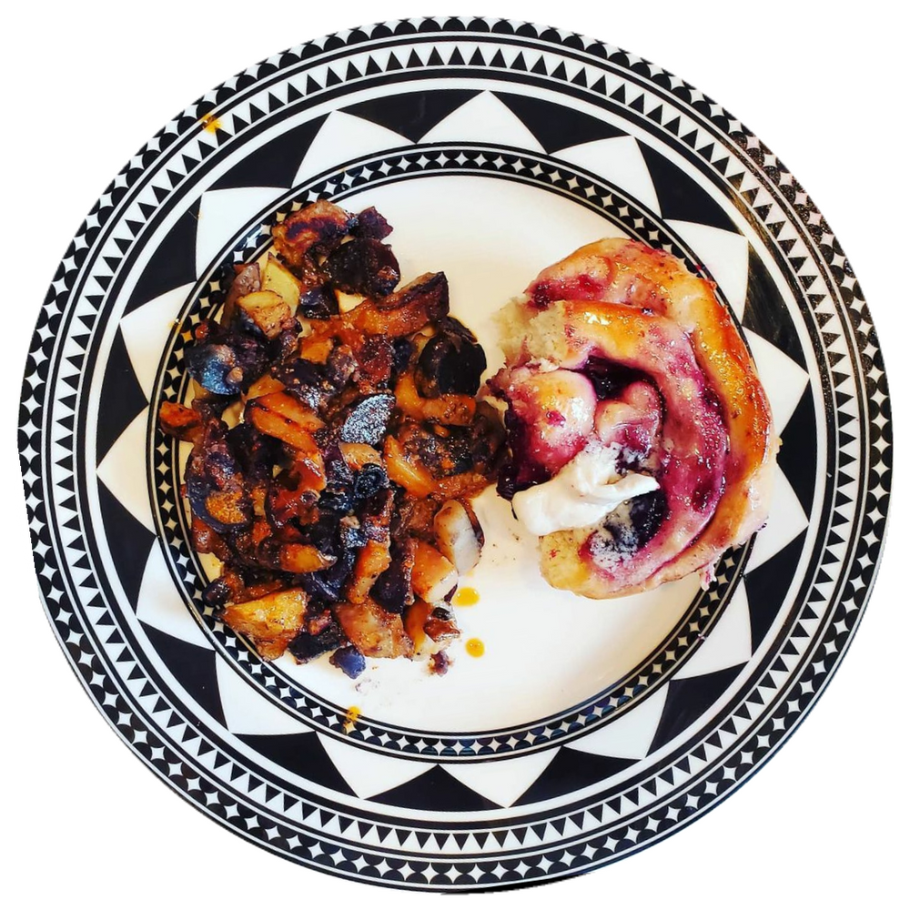 BLUEBERRY SWIRL ROLL + BACON CHIPOTLE CHEDDAR PURPLE POTATOES
