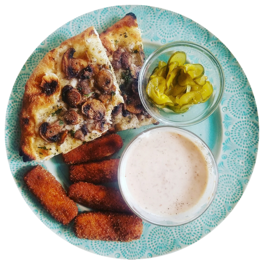 WOOD FIRED TRUFFLE MUSHROOM CHEESE PIZZA + CHEESE STICKS & HOMEMADE BREAD & BUTTER PICKLES