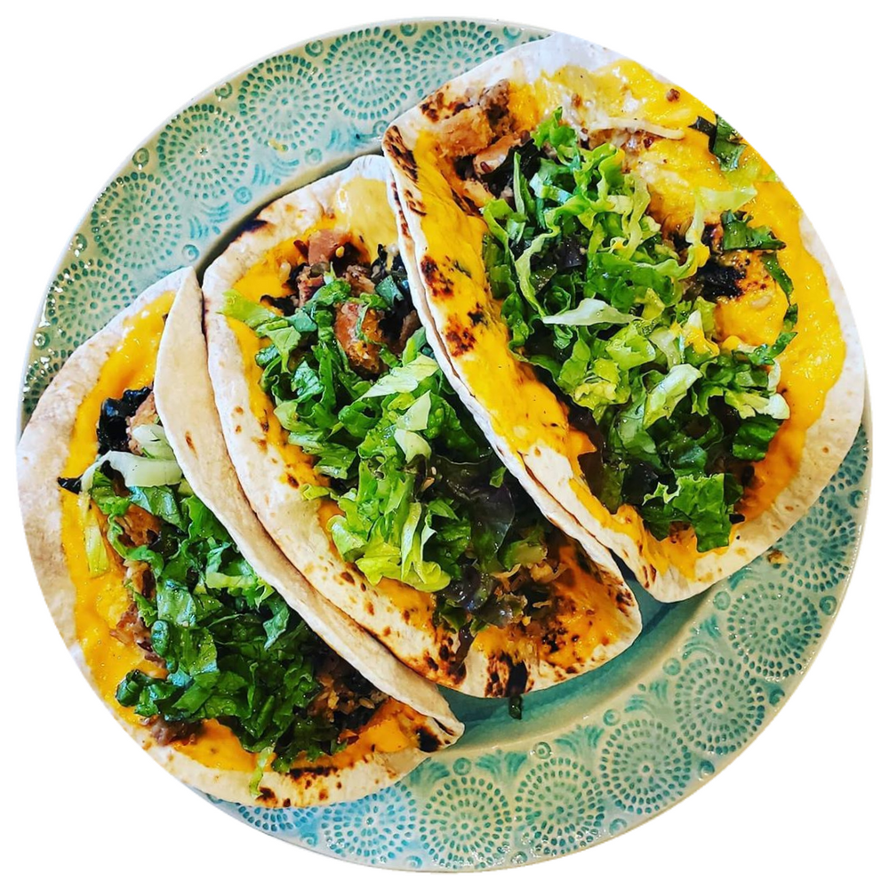 BEEFY CHICKEN KALE LETTUCE QUESO TACOS